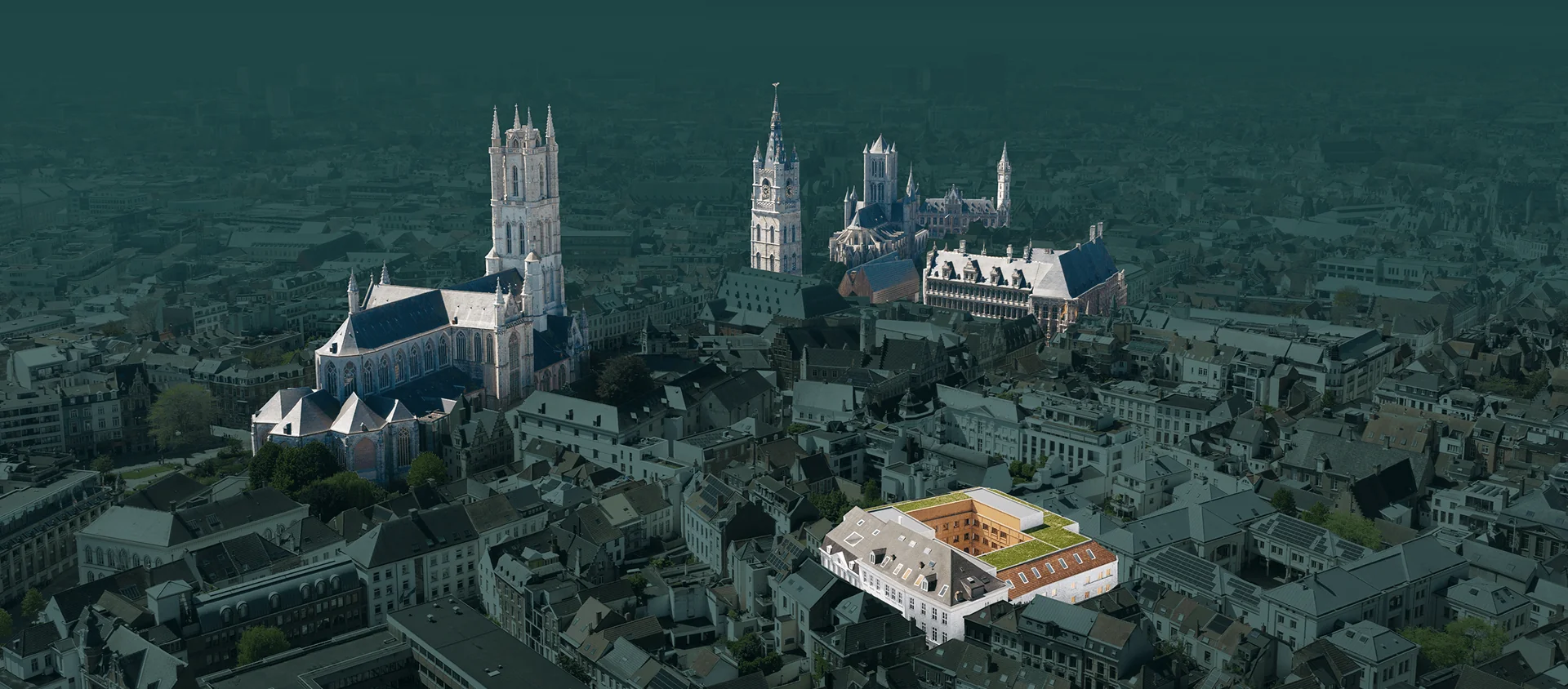 Luchtfoto van Gent met de drie torens en de Flow Upkot locatie